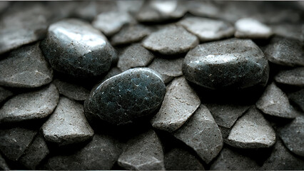 Black pebble stones, close up, macro 