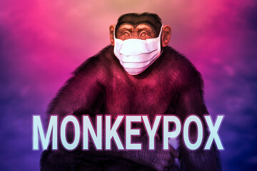 Sticker - Chimpanzee monkey and Monkeypox text, conceptual 3D illustration