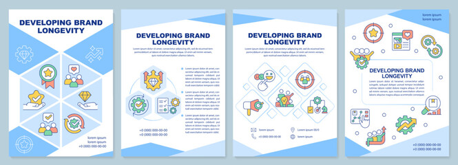 Developing brand longevity blue brochure template. Leaflet design with linear icons. Editable 4 vector layouts for presentation, annual reports. Arial-Black, Myriad Pro-Regular fonts used