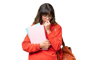 Wall Mural - Young student caucasian woman over isolated background having doubts