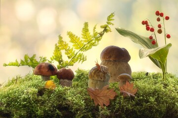 Autumn still life with mushrooms in the forest