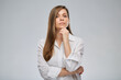 © Yuriy Shevtsov - Serious woman in white shirt. Isolated female portrait.