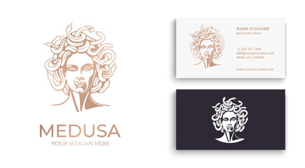 Wall Mural - Medusa gorgon logo. Head of a woman with snakes. Protective amulet. Logo for different directions. Vector image.