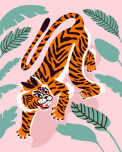 Vector Background With Abstract Tiger In Jungle. Indian Oriental Style. Flat Hand Drawn For T Shirt Print, Logo, Poster Template, Tattoo Idea. Endangered Animal.