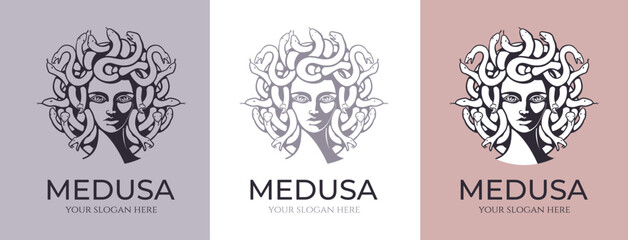 Wall Mural - Medusa gorgon logo. Head of a woman with snakes. Protective amulet. Logo for different directions. Vector image.