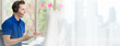 © amorn - Male call center with headset service support customer by computer. Technical support operator customer service in the office. Double exposure and banner cover