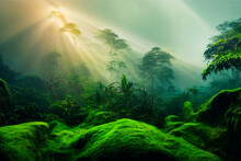 Misty Jungle Rainforest In The Morning. Tropical Forest With Sun Rays And Fog. Nature Landscape Wallpaper Background.