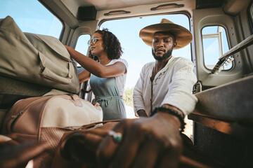 Wall Mural - Travel luggage, black couple and car road trip together love bonding on nature safari holiday in Africa. Traveling, dating and black people, vehicle and bags for outdoor adventure vacation in Nigeria