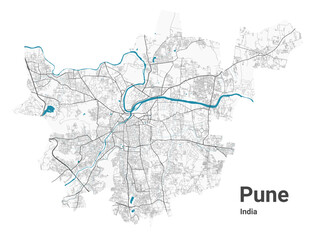  Pune map. Detailed map of Pune city administrative area. Cityscape panorama illustration. Road map with highways, streets, rivers.