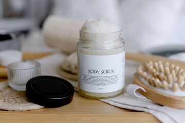 White sugar body scrub. Cosmetics for rejuvenation.