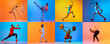© master1305 - Volleyball, fencing, jumping, gymnastics, karate, fitness and weightlifting. Sport collage of professional athletes posing isolated on blue-yellow background in neon.
