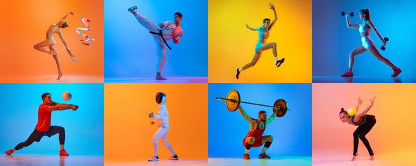 Wall Mural - Volleyball, fencing, jumping, gymnastics, karate, fitness and weightlifting. Sport collage of professional athletes posing isolated on blue-yellow background in neon.