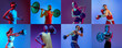 © master1305 - Sport collage of professional athletes posing isolated on multicolored background in neon. Basketball, boxing, fencing, karate, fitness, weightlifting