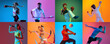 © master1305 - Emotions. Sport collage of professional athletes posing isolated on multicolored background in neon. Volleyball, boxing, run, fencing, fitness, tennis.