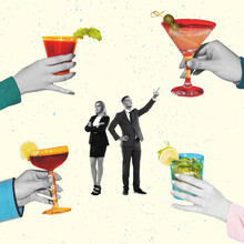 Contemporary Art Collage. Creative Design. Business People, Man And Woman Attending Bar, Drinking Cocktails