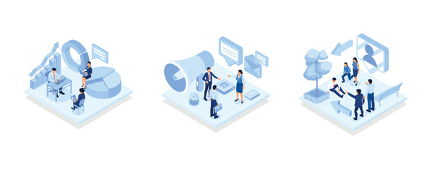 Wall Mural - Corporate culture, Workplace culture, communication gap, racial discrimination, company team, body language, bullying and harassment abstract metaphor, isometric vector modern illustration