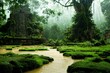 amazon rainforest, tropical vegetation with old trees, jungle landscape with creek, rocks overgrown with moss, fictional landscape created with generative ai