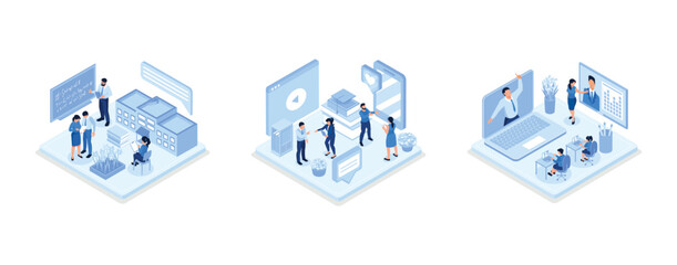 Wall Mural - People characters developing software and sending data to cloud storage, Online education and e-learning concept, People characters having video call with teacher on laptop, isometric vector modern il