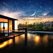 starry night sky moonlight resort swim pool and sea water reflection neon light modern cabin in forest nature landscape vacation travel background template copy space sea