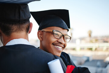 Poster - Happy, graduation and college graduate hug with happiness and congratulations outdoor smile. University, college success and diploma event of a black man getting a education degree and certificate