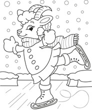 Coloring Page Outline Of Cartoon Smiling Cute Goat Ice-skating. Colorful Vector Illustration, Winters Coloring Book For Kids.