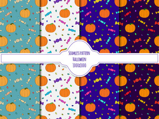 Seamless background with pumpkin, lollipops and candies, sweets, Halloween background. 1000x1000 pixels. Vector graphics.