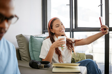 Canvas Print - Phone, coffee and girl taking a selfie at school, university or college cafe for a fun and relaxing study break. Smile, photo and happy student drinking espresso sharing pictures for social media app