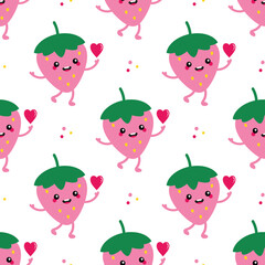 Wall Mural - Cute happy cartoon style pink strawberry character holding heart in hand vector seamless pattern background.
 