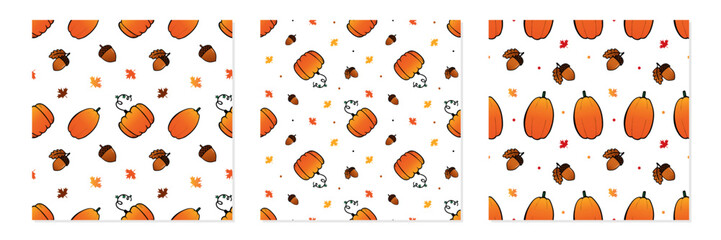 Wall Mural - Set, collection of three vector seamless pattern backgrounds with pumpkins, acorns, maple leaves for autumn, fall design.
