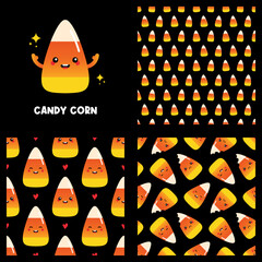 Wall Mural - Cute cartoon style candy corn character and set, collection of three candy corn vector seamless pattern backgrounds for Halloween design.

