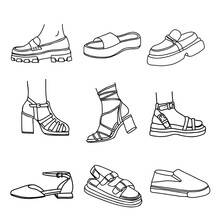 Modern Feminine Footwear Line Art Collection. Sketch Set Of Shoes And Sandals For Spring And Summer. Hand Drawn Vector Illustration