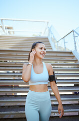 Sticker - Fitness, exercise and music with a woman runner or athlete streaming radio outside for workout, training and health. Sports, healthy and cardio with a female listening on earphones while out on a run