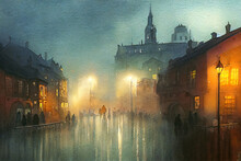 Rainy Evening In An Old Town. Foggy Square With Lighted Lanterns. Watercolor Painting