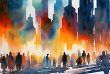 A Crowd Of People Standing On The Street Of The Modern City With  Skyscrapers. Watercolor Illustration
