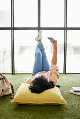 Wall Mural - Phone selfie, black woman and student relax on study break after studying for university, college or school scholarship. Education campus, learning or girl with mobile smartphone post to social media