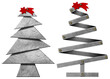 3D illustration of two small metal Christmas trees with red comet star isolated on white or transparent background, png.