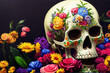 Calavera, Mexican sugar skull makeup and flowers for dia de los Muertos (Day of the Dead). 3D render 