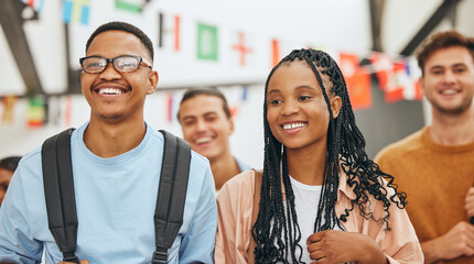 Poster - College friends, couple and happy students group at university for education, learning and knowledge together. Young, smile and black people gen z youth walking at campus for back to school studying