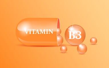 capsule vitamin b3 structure orange and white with circular bubbles flowing out oran background. bea