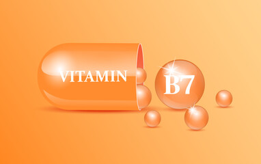 Capsule vitamin B7 structure orange, white with circular bubbles flowing out orange background. Beauty concept. Personal care. 3D Vector Illustration. transparent capsule pill. Drug business concept.