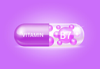 Capsule vitamin B7 structure purple and white It's transparent and vitamin pill is on inside. Beauty concept. Personal care. 3D Vector Illustration. transparent capsule pill. Drug business concept.