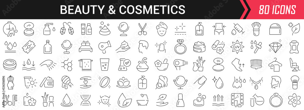 Beauty and cosmetics linear icons in black. Big UI icons collection in ...