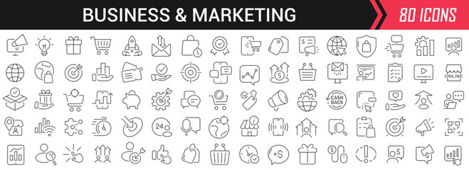 Poster - Business and marketing linear icons in black. Big UI icons collection in a flat design. Thin outline signs pack. Big set of icons for design