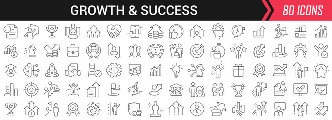 Leinwandbilder - Growth and success linear icons in black. Big UI icons collection in a flat design. Thin outline signs pack. Big set of icons for design