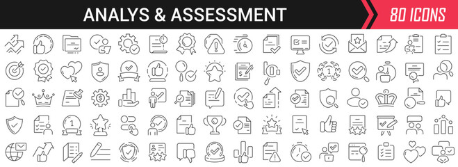 Wall Mural - Analysis and assessment linear icons in black. Big UI icons collection in a flat design. Thin outline signs pack. Big set of icons for design