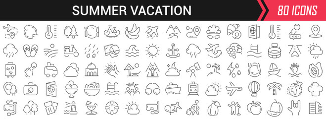 Poster - Summer vacation linear icons in black. Big UI icons collection in a flat design. Thin outline signs pack. Big set of icons for design