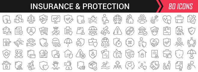Aufkleber - Insurance and protection linear icons in black. Big UI icons collection in a flat design. Thin outline signs pack. Big set of icons for design