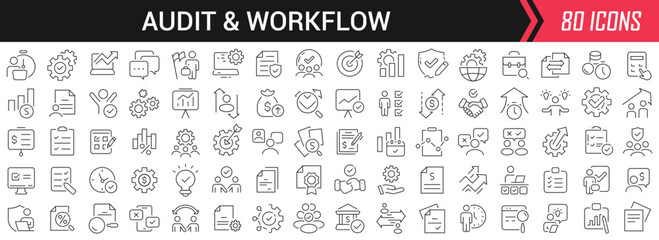 Aufkleber - Audit and workflow linear icons in black. Big UI icons collection in a flat design. Thin outline signs pack. Big set of icons for design