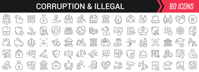 Aufkleber - Corruption and illegal linear icons in black. Big UI icons collection in a flat design. Thin outline signs pack. Big set of icons for design