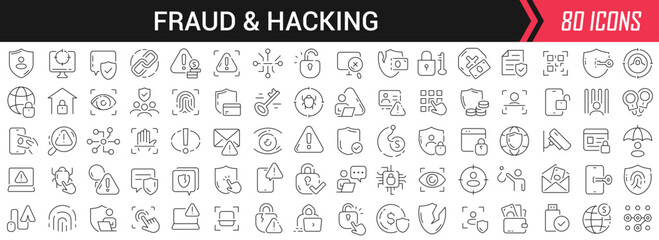 Leinwandbilder - Fraud and hacking linear icons in black. Big UI icons collection in a flat design. Thin outline signs pack. Big set of icons for design